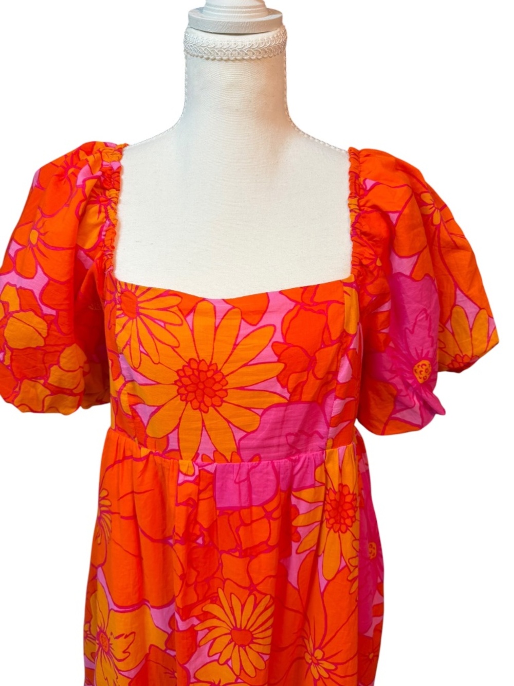 J. Marie Orange Pink Floral Puff Sleeve Midi Dress L NWT $150 - Picture 4 of 7